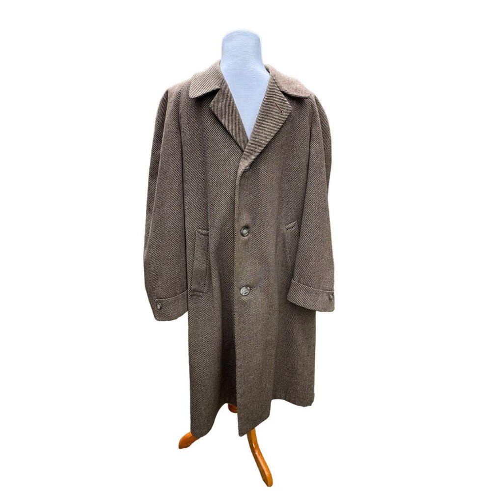 Grenadier Wool Topcoat Mens 42" chest Long 42" Brown Herringbone 3 Button Notch